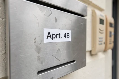 Boîte aux lettres en acier inoxydable avec l'abréviation Appt. inscrite sur une étiquette blanche dans un hall d'immeuble