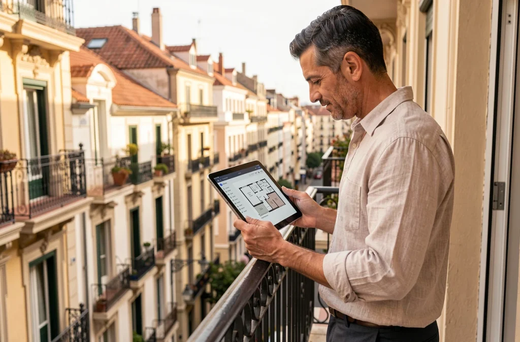 Acquéreur consultant des annonces immobilières sur tablette depuis un balcon barcelonais avec vue sur l'architecture de l'Eixample
