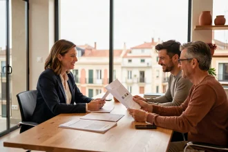 Agente immobilière barcelonaise conseillant un couple sur les prix au m² dans une agence immobilière moderne avec vue sur la ville