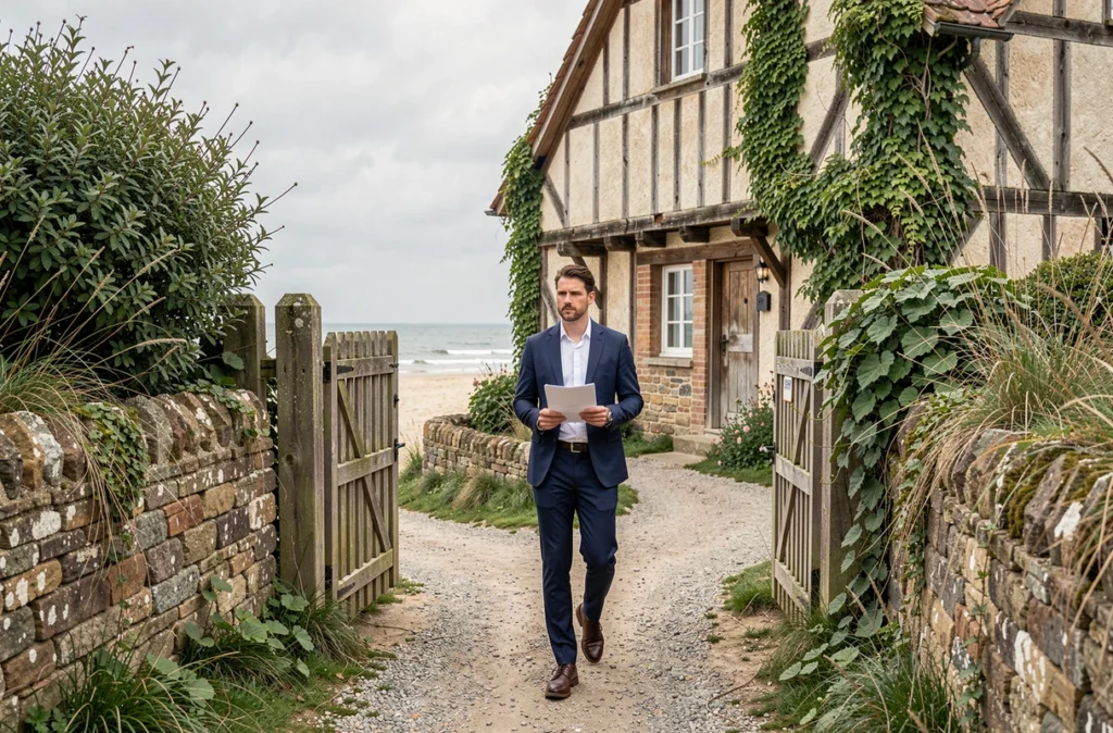 Agent immobilier devant une maison normande à colombages avec chemin d'accès direct à la plage
