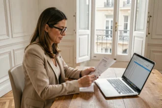 Femme locataire à Paris analysant un contrat de location encadré avec annotations, dans un appartement haussmannien au parquet en chevrons