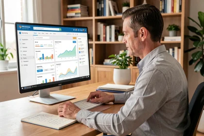 Professionnel de l'immobilier analysant le coût du logiciel Bricosuccess-immo sur son ordinateur avec tableaux de bord et calculs de rentabilité