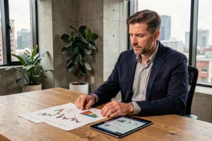 Homme d'affaires analysant des graphiques du marché immobilier sur une tablette et des documents imprimés dans un bureau moderne