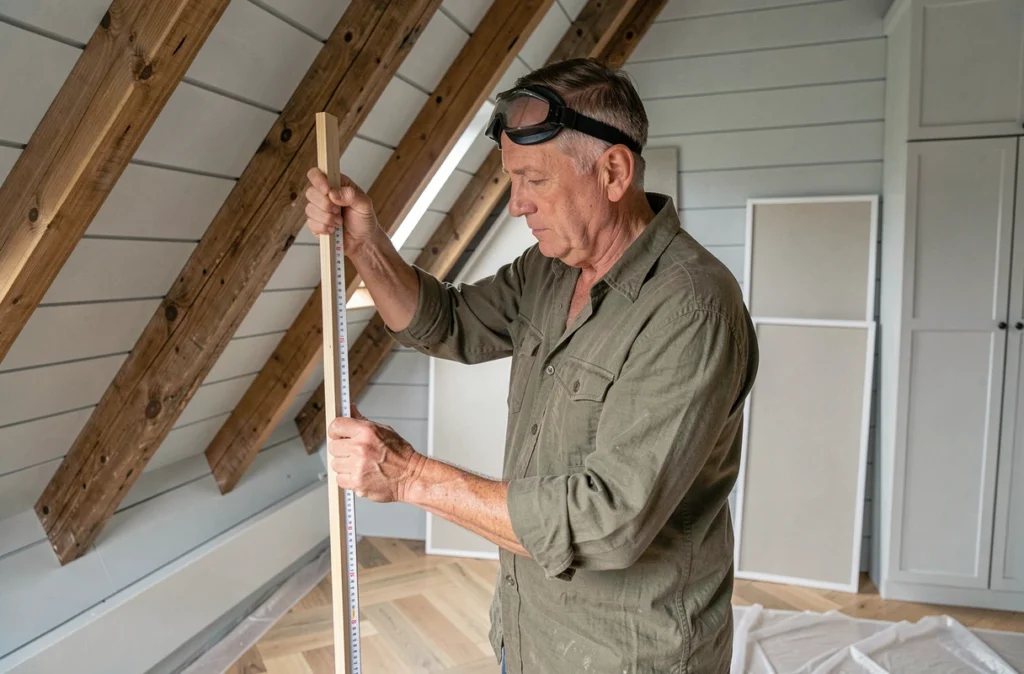 Artisan mesurant un dressing sur mesure dans les combles rénovés d'une maison avec murs inclinés et poutres apparentes