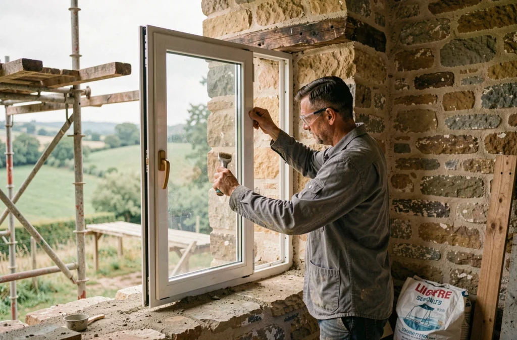 Artisan installant une fenêtre à double vitrage dans un mur en pierre lors d'une rénovation de maison de campagne pour optimiser la lumière naturelle