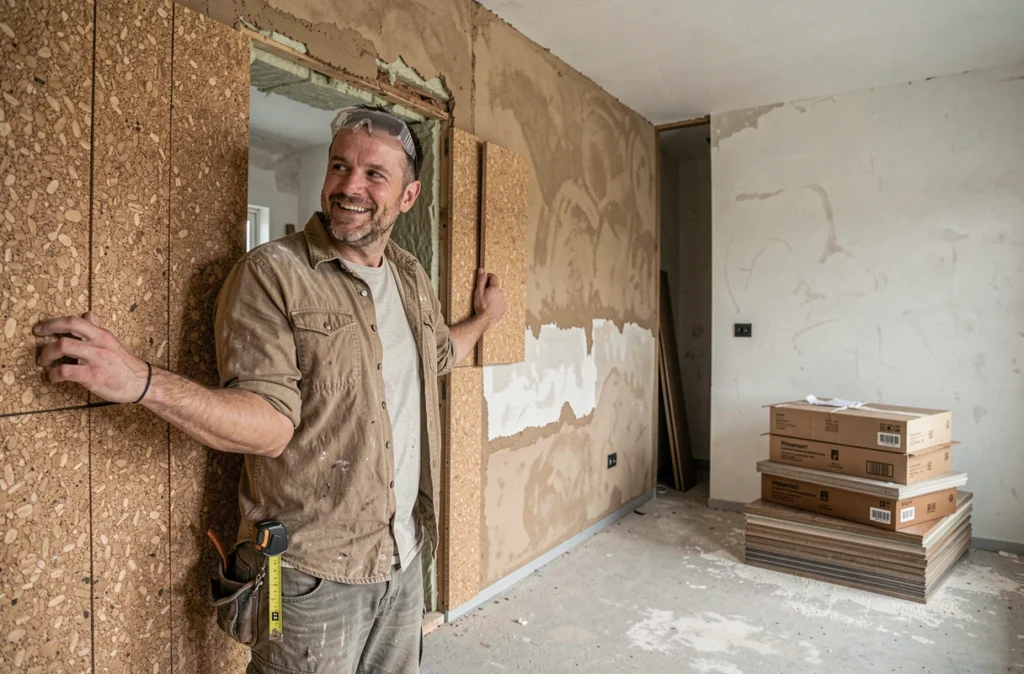 Artisan installant des panneaux de liège naturel dans une pièce en cours de rénovation écologique