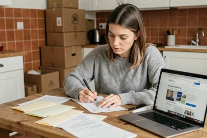 Femme remplissant des formulaires administratifs de changement d'adresse dans une cuisine avec des cartons de déménagement en arrière-plan