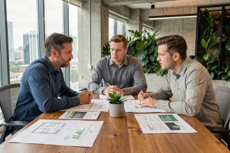 Professionnels de l'immobilier collaborant autour d'une table de réunion avec des documents RSE et des plans architecturaux dans un bureau moderne éco-responsable