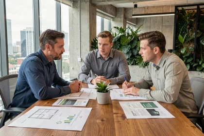 Professionnels de l'immobilier collaborant autour d'une table de réunion avec des documents RSE et des plans architecturaux dans un bureau moderne éco-responsable
