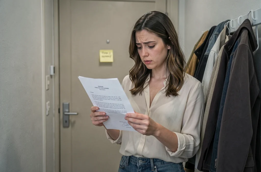 Jeune femme colocataire lisant une lettre de congé ou un document légal dans le couloir d'un appartement partagé