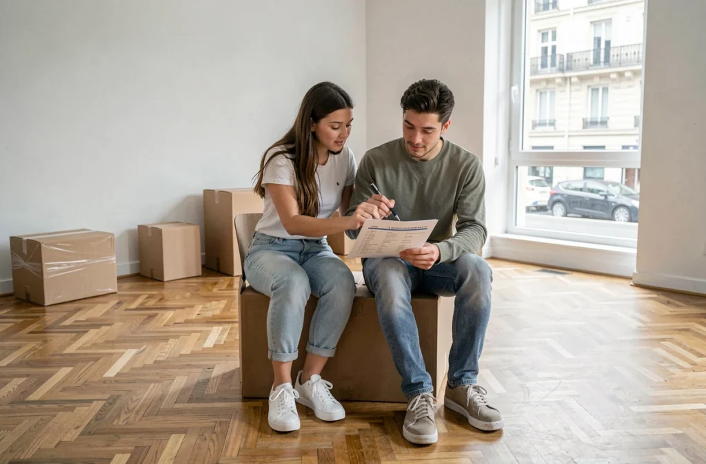 Couple consultant une liste de démarches administratives assis sur des cartons dans un appartement vide après un déménagement