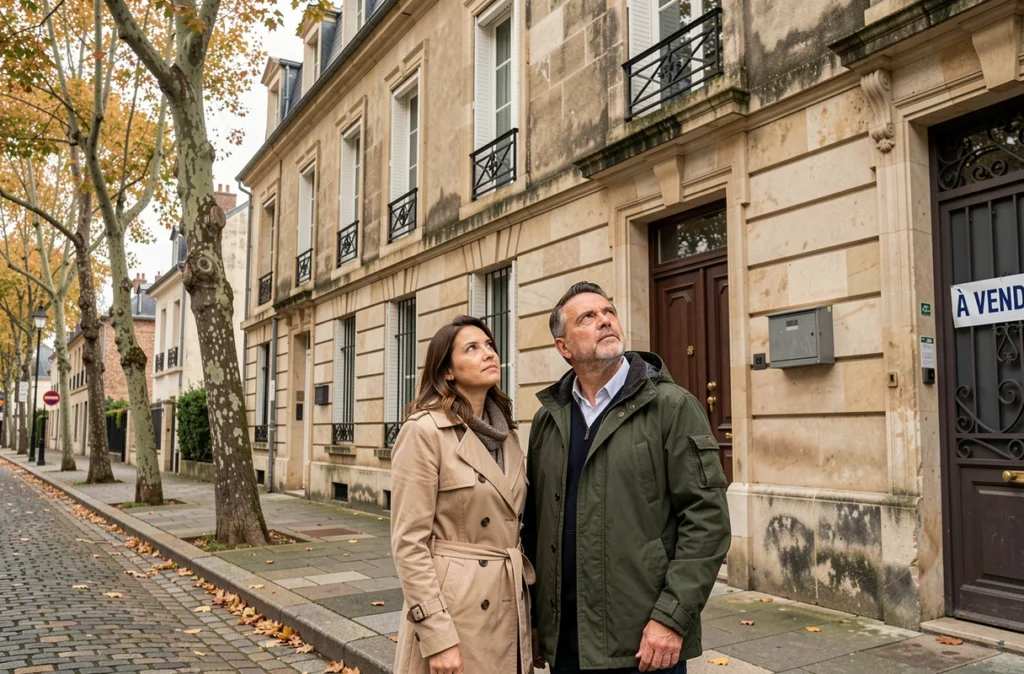 Couple devant un immeuble résidentiel à vendre dans une rue française, hésitant sur un investissement immobilier