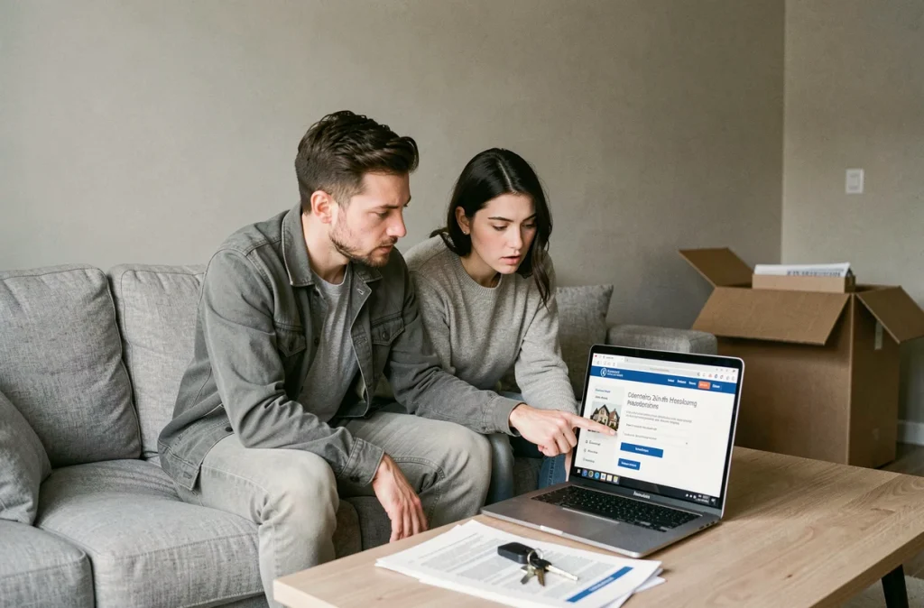 Couple de locataires vérifiant les conditions du préavis réduit en zone tendue sur un site officiel
