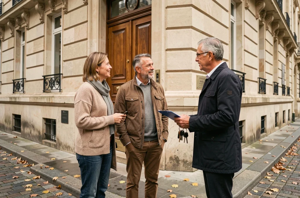 Couple discutant de la caution locative avec un gestionnaire immobilier devant un immeuble parisien