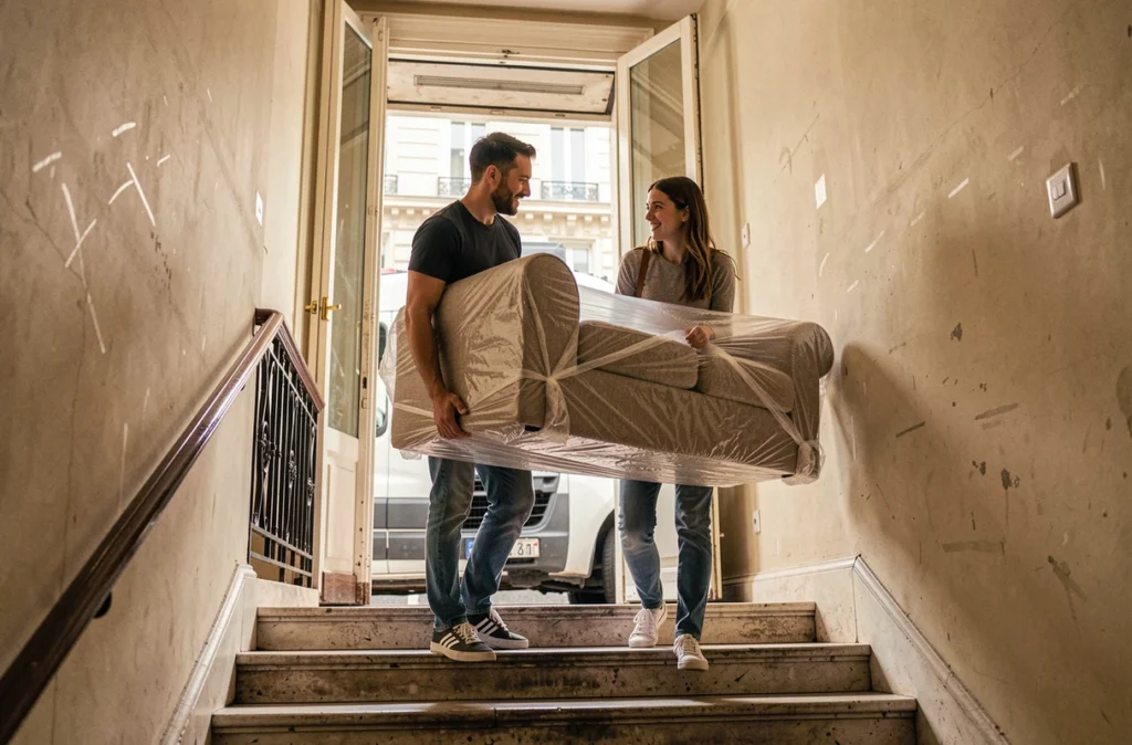 Couple transportant un canapé emballé dans un escalier parisien vers un utilitaire de location