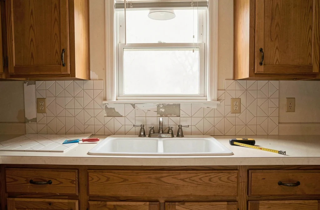 Pose d'un carrelage adhésif géométrique en crédence pour moderniser une cuisine ancienne sans travaux lourds