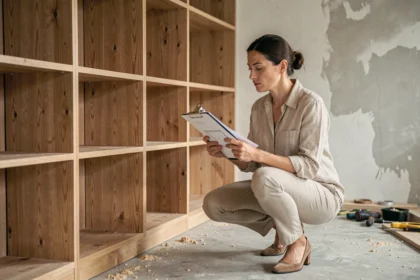 Designer d'intérieur examinant des plans devant un meuble de rangement sur mesure en cours d'installation lors d'une rénovation