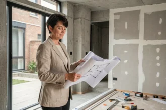 Designer intérieure tenant des plans de rénovation devant une grande fenêtre optimisant la lumière naturelle dans un salon en travaux