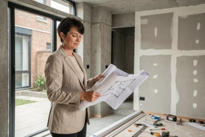 Designer intérieure tenant des plans de rénovation devant une grande fenêtre optimisant la lumière naturelle dans un salon en travaux