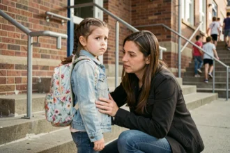 Petite fille avec son sac à dos devant l'entrée de sa nouvelle école, accompagnée de sa mère qui la rassure lors d'un déménagement