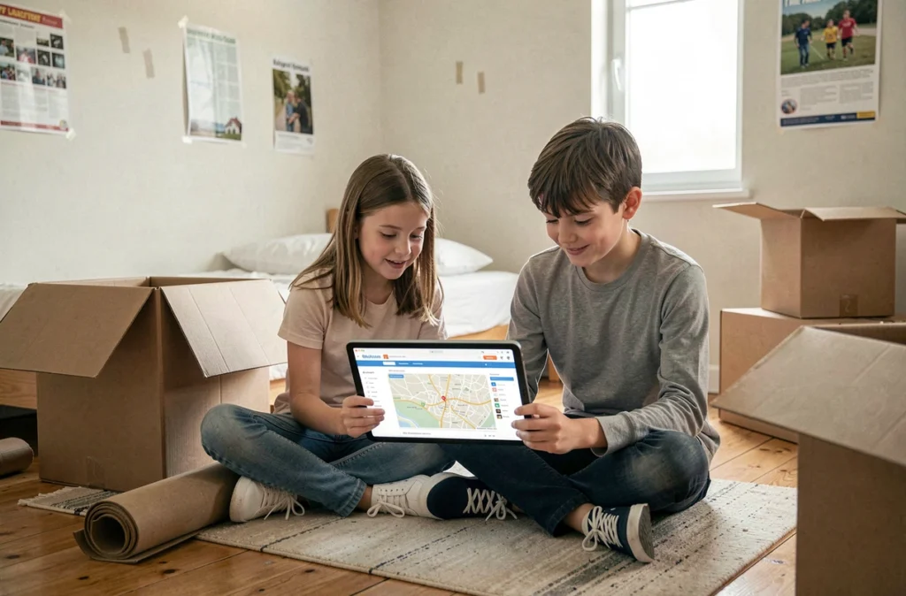 Deux enfants assis sur le sol d'une chambre en cours de déménagement, consultant ensemble une tablette pour découvrir leur nouvelle école