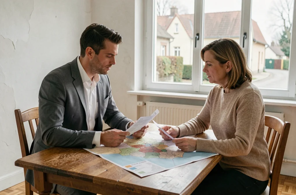Agent immobilier et propriétaire examinant un rapport d'estimation de maison dans le cadre d'une vente urgente liée à un divorce dans l'Oise
