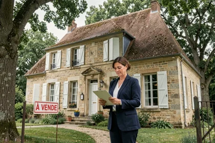 Experte immobilière estimant une maison traditionnelle en pierre à vendre dans l'Oise, panneau À Vendre visible sur le portail