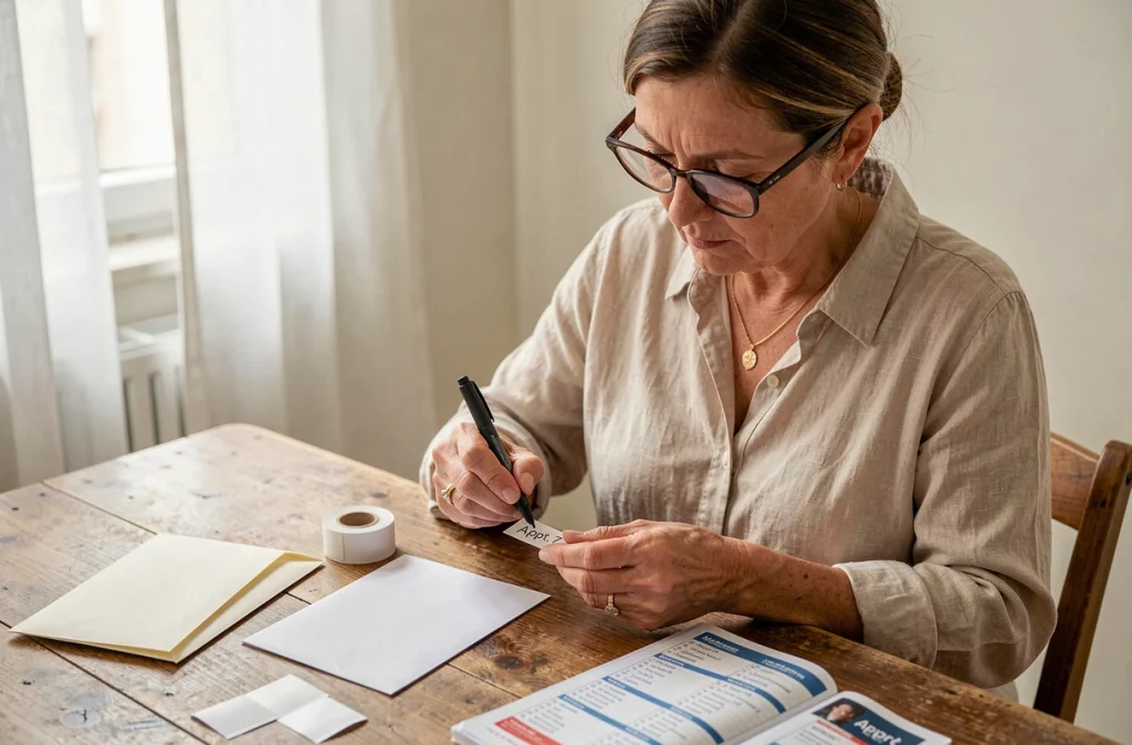 Femme écrivant l'abréviation d'appartement sur une étiquette autocollante pour boîte aux lettres