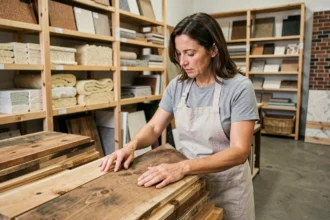 Femme examinant des planches de bois recyclé dans une boutique de matériaux écologiques pour rénovation