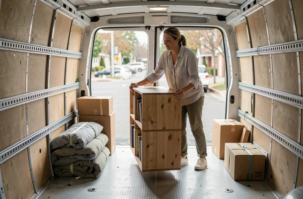 Femme guidant un meuble dans le coffre d'un van utilitaire de déménagement loué