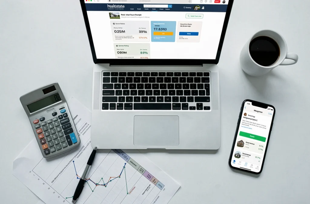 Vue aérienne d'un bureau avec laptop affichant les prix du logiciel Bricosuccess-immo, calculatrice et tableur d'analyse d'investissement immobilier