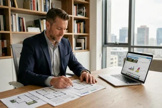 Un investisseur immobilier analyse des documents de cash-flow et des tableaux de bord financiers dans un bureau moderne