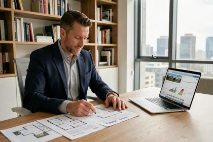 Un investisseur immobilier analyse des documents de cash-flow et des tableaux de bord financiers dans un bureau moderne