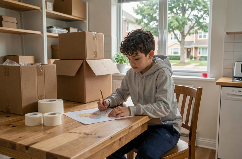 Garçon concentré qui dessine ou écrit une lettre assis dans une cuisine entourée de cartons de déménagement