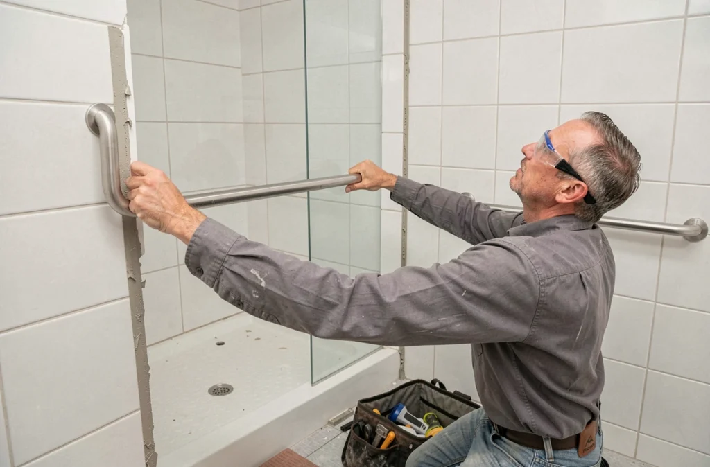 Artisan installant une barre d'appui inox dans une salle de bains en cours de rénovation pour l'accessibilité