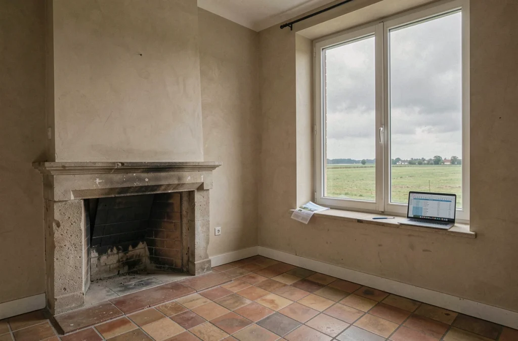 Intérieur vide d'une maison à vendre en urgence dans l'Oise avec documents d'estimation immobilière posés sur le rebord de la fenêtre