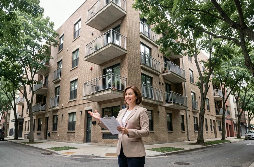 Une investisseuse immobilière se tient devant un immeuble de rapport acquis grâce à des stratégies de rentier immobilier