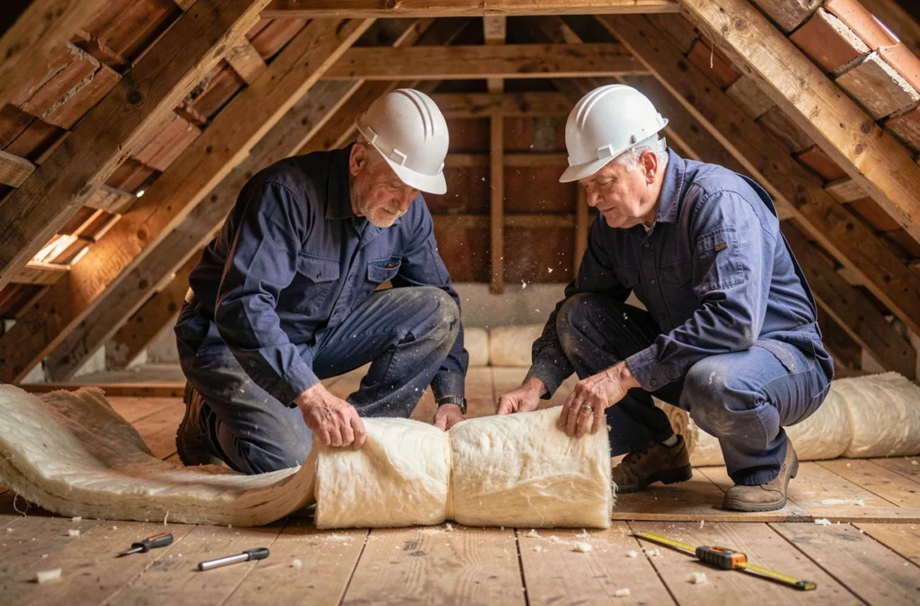 Deux ouvriers déroulant de la laine de verre entre les solives d'un grenier lors de l'isolation des combles d'une maison ancienne