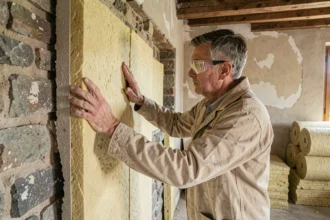 Artisan appliquant des panneaux de laine minérale sur un mur en pierre d'une ancienne maison lors de travaux d'isolation intérieure