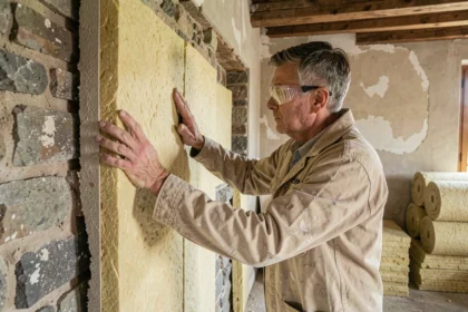 Artisan appliquant des panneaux de laine minérale sur un mur en pierre d'une ancienne maison lors de travaux d'isolation intérieure