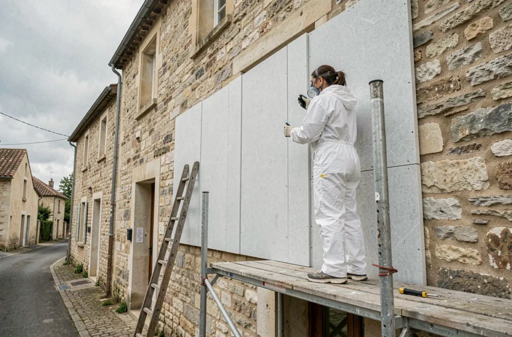 Spécialiste en isolation posant un système d'isolation thermique par l'extérieur sur la façade en pierre d'une vieille maison de village