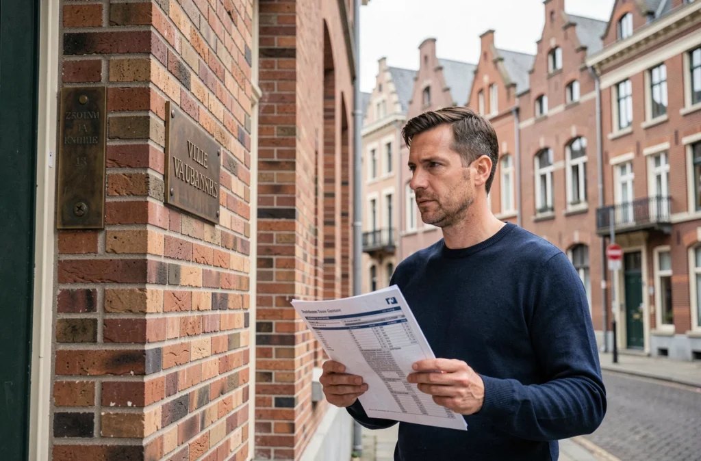 Homme tenant un dossier de location devant une façade en briques rouges typique de Lille dans le quartier Vauban