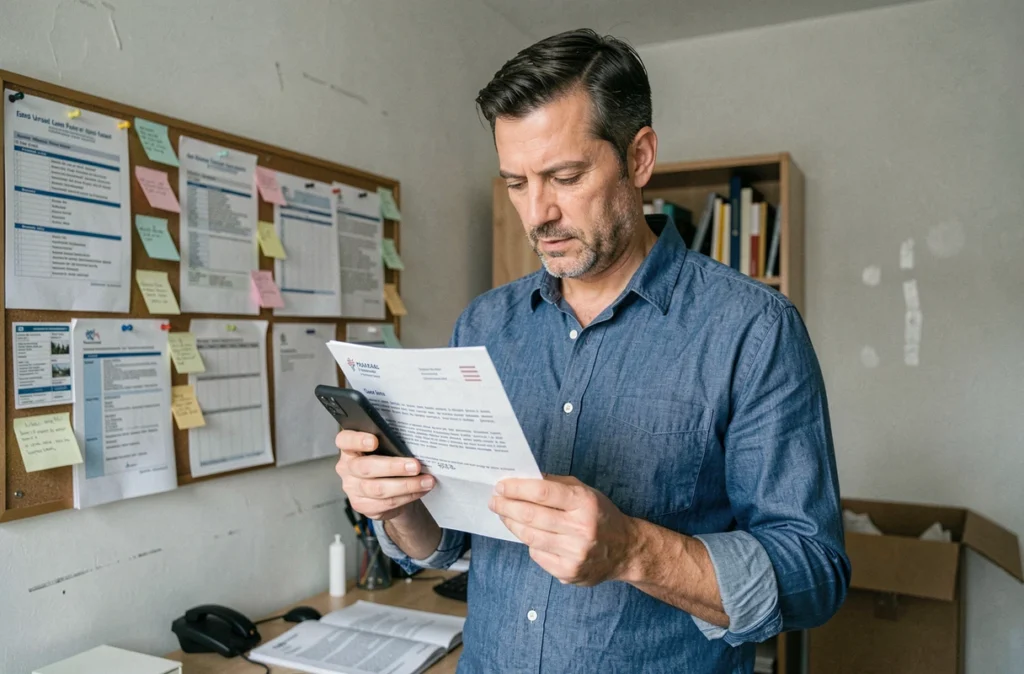 Homme consultant son téléphone et un courrier postal pour mettre à jour son adresse auprès des administrations après un déménagement