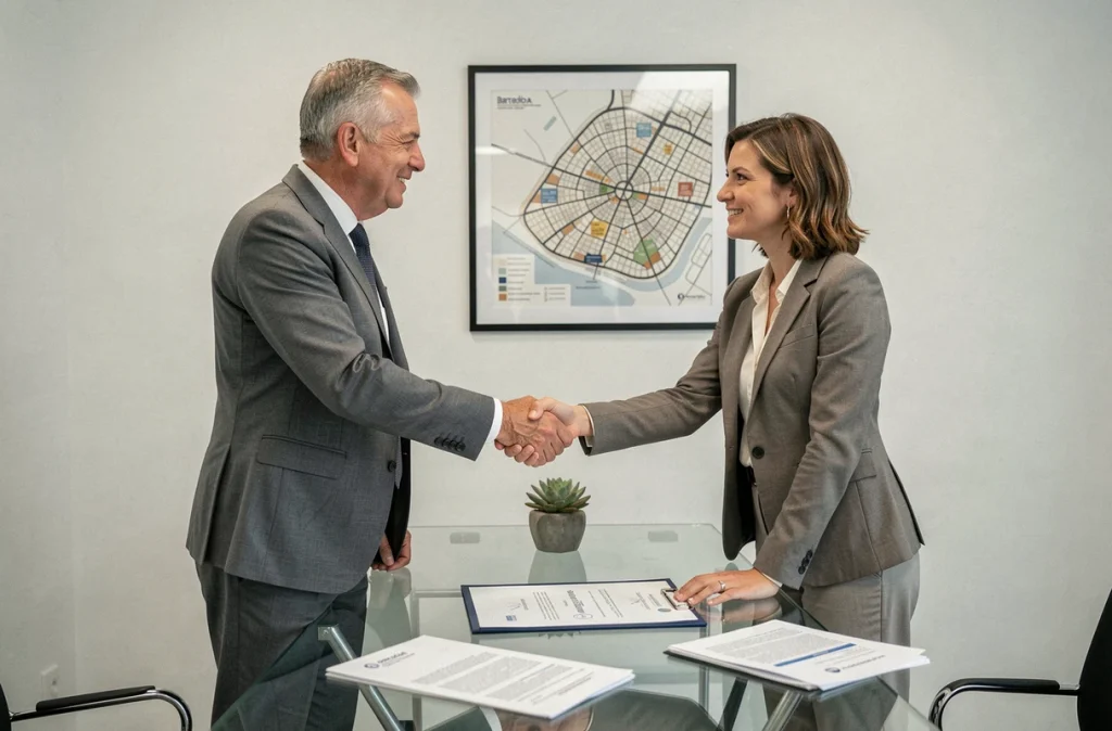 Signature d'un contrat immobilier à Barcelone entre un agent et un client après une négociation réussie sur le financement