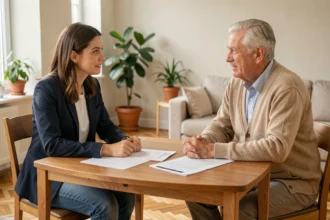 Femme négociant son loyer avec un propriétaire autour d'un contrat de location posé sur une table en bois