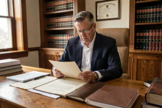 Notaire examinant des documents juridiques liés à l'usufruit et à l'indivision dans son bureau
