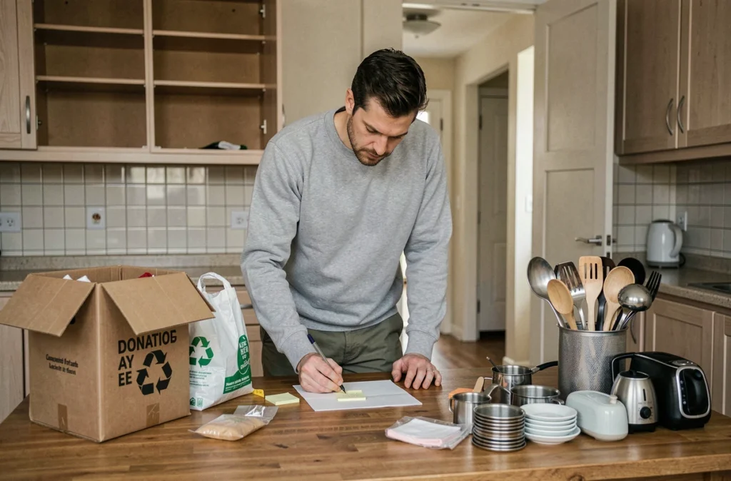 Homme organisant ses objets de cuisine en catégories pour préparer son déménagement
