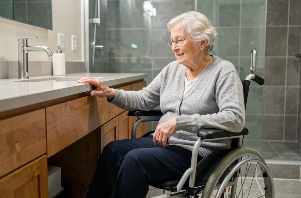 Femme âgée en fauteuil roulant utilisant un lavabo adapté dans une salle de bains rénovée et accessible