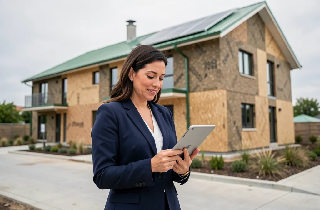 Femme professionnelle de l'immobilier évaluant un bâtiment résidentiel durable avec panneaux solaires dans le cadre d'une démarche RSE