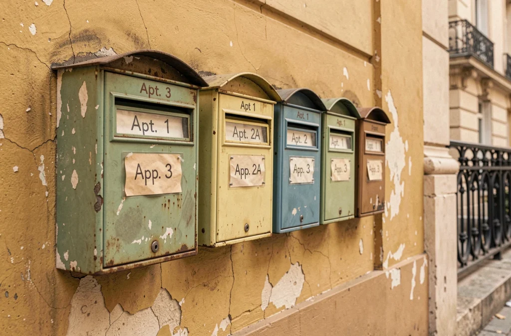 Rangée de boîtes aux lettres anciennes dans un immeuble parisien avec différentes abréviations d'appartement écrites sur des étiquettes